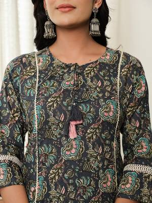 navy blue floral a-line kurta trouser dupatta set with lace work 4