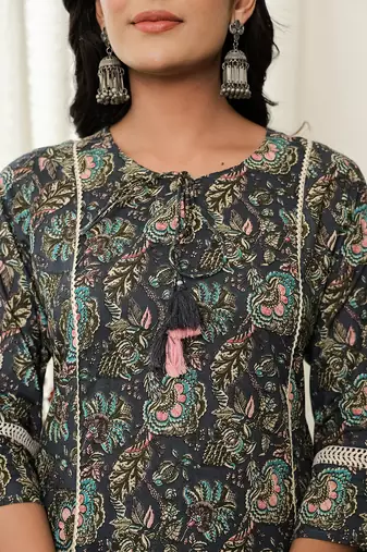navy blue floral a-line kurta trouser dupatta set with lace work