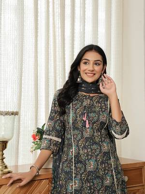 navy blue floral a-line kurta trouser dupatta set with lace work 5