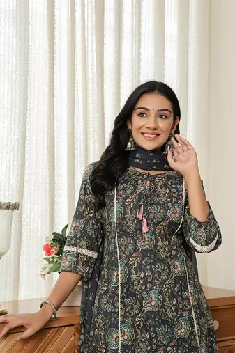 navy blue floral a-line kurta trouser dupatta set with lace work