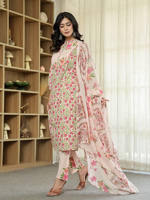 pink cotton straight floral,sequins work kurta dupatta set 2