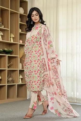 pink cotton straight floral,sequins work kurta dupatta set