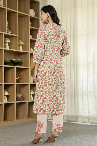 pink cotton straight floral,sequins work kurta dupatta set