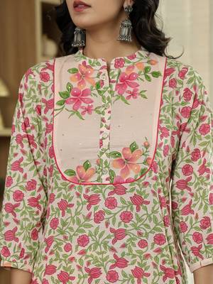pink cotton straight floral,sequins work kurta dupatta set 4