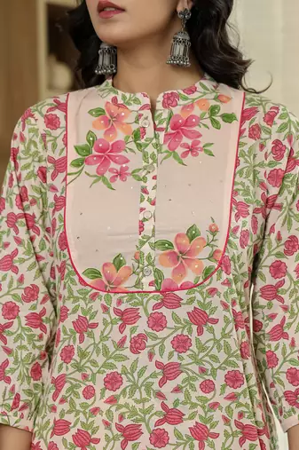 pink cotton straight floral,sequins work kurta dupatta set