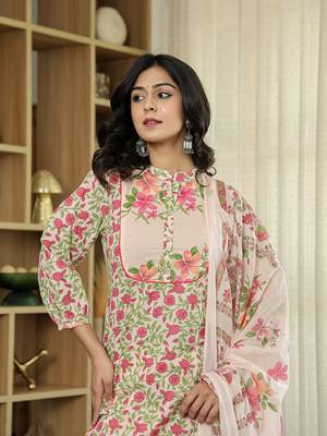 pink cotton straight floral,sequins work kurta dupatta set 5