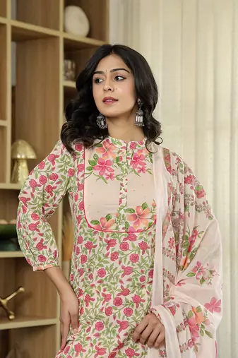 pink cotton straight floral,sequins work kurta dupatta set