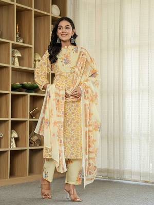 yellow cotton straight floral,sequins work kurta dupatta set 1