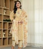 yellow cotton straight floral,sequins work kurta dupatta set