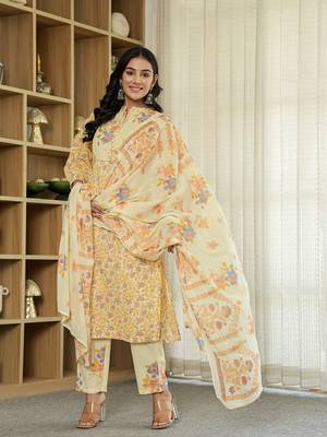 yellow cotton straight floral,sequins work kurta dupatta set 2