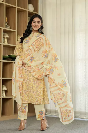 yellow cotton straight floral,sequins work kurta dupatta set
