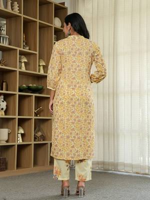 yellow cotton straight floral,sequins work kurta dupatta set 3
