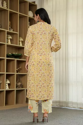 yellow cotton straight floral,sequins work kurta dupatta set