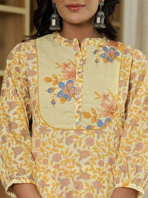 yellow cotton straight floral,sequins work kurta dupatta set 4