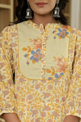 yellow cotton straight floral,sequins work kurta dupatta set