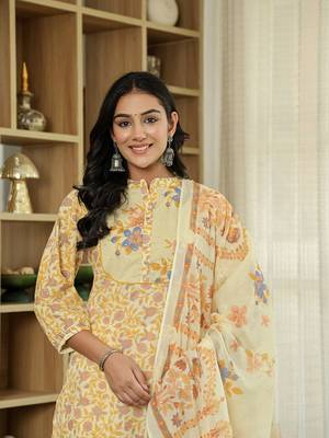yellow cotton straight floral,sequins work kurta dupatta set 5