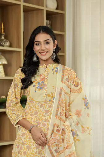 yellow cotton straight floral,sequins work kurta dupatta set