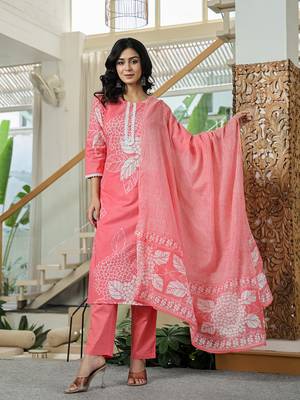 pink cotton straight lace wor kurta dupatta set 1