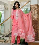 pink cotton straight lace wor kurta dupatta set