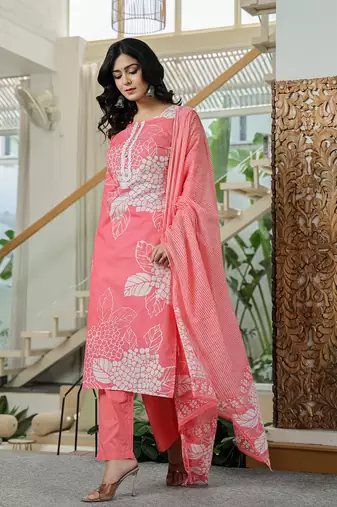 pink cotton straight lace wor kurta dupatta set