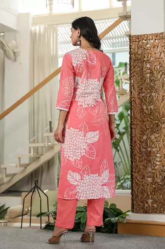 pink cotton straight lace wor kurta dupatta set