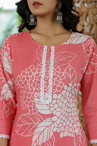 pink cotton straight lace wor kurta dupatta set