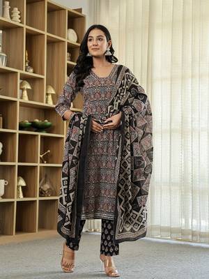 black ethnic motifs a-line kurta trouser dupatta set with bucket neck 1