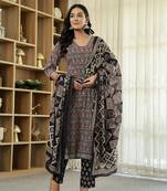 black ethnic motifs a-line kurta trouser dupatta set with bucket neck