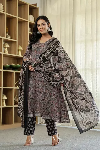 black ethnic motifs a-line kurta trouser dupatta set with bucket neck