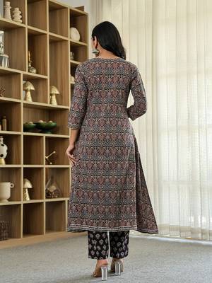 black ethnic motifs a-line kurta trouser dupatta set with bucket neck 3