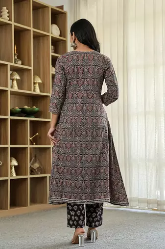 black ethnic motifs a-line kurta trouser dupatta set with bucket neck