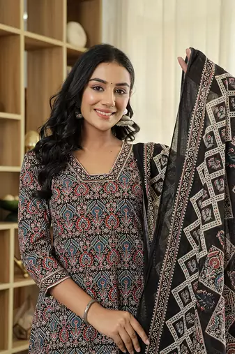 black ethnic motifs a-line kurta trouser dupatta set with bucket neck