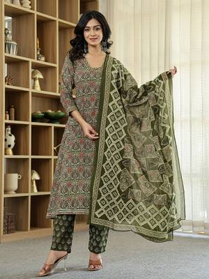 olive green ethnic motifs a-line kurta trouser dupatta set with bucket neck 1