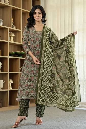 olive green ethnic motifs a-line kurta trouser dupatta set with bucket neck