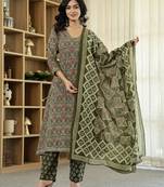 olive green ethnic motifs a-line kurta trouser dupatta set with bucket neck