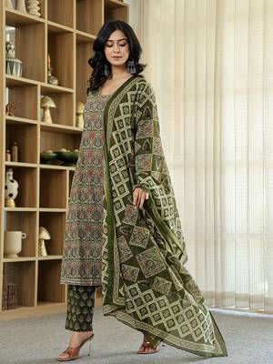 olive green ethnic motifs a-line kurta trouser dupatta set with bucket neck 2