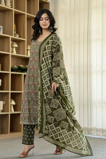 olive green ethnic motifs a-line kurta trouser dupatta set with bucket neck
