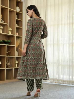 olive green ethnic motifs a-line kurta trouser dupatta set with bucket neck 3