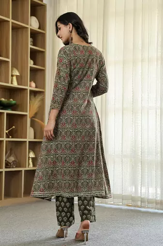 olive green ethnic motifs a-line kurta trouser dupatta set with bucket neck