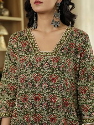 olive green ethnic motifs a-line kurta trouser dupatta set with bucket neck 4
