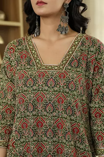 olive green ethnic motifs a-line kurta trouser dupatta set with bucket neck