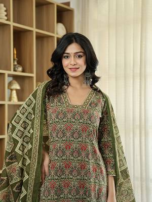 olive green ethnic motifs a-line kurta trouser dupatta set with bucket neck 5
