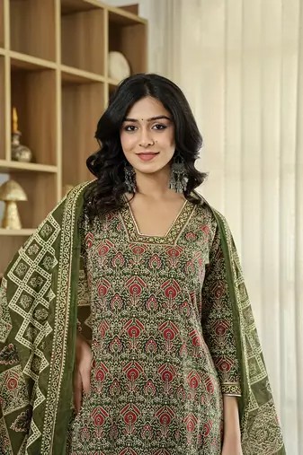 olive green ethnic motifs a-line kurta trouser dupatta set with bucket neck