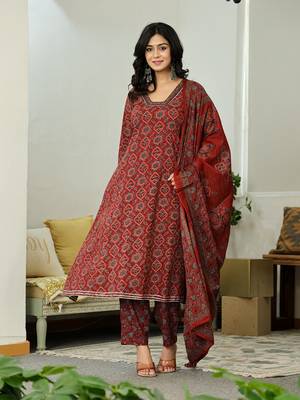 maroon ethnic motifs a-line kurta trouser dupatta set with bucket neck 1