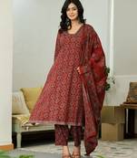 maroon ethnic motifs a-line kurta trouser dupatta set with bucket neck