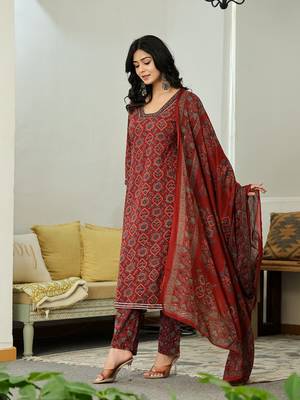 maroon ethnic motifs a-line kurta trouser dupatta set with bucket neck 2