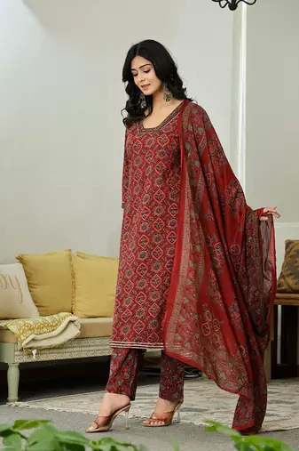 maroon ethnic motifs a-line kurta trouser dupatta set with bucket neck