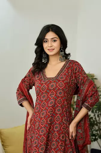 maroon ethnic motifs a-line kurta trouser dupatta set with bucket neck