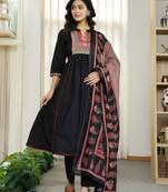 black cotton a line mandarin collar gathered kurta dupatta set