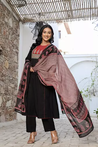 black cotton a line gathered or pleated kurta dupatta set